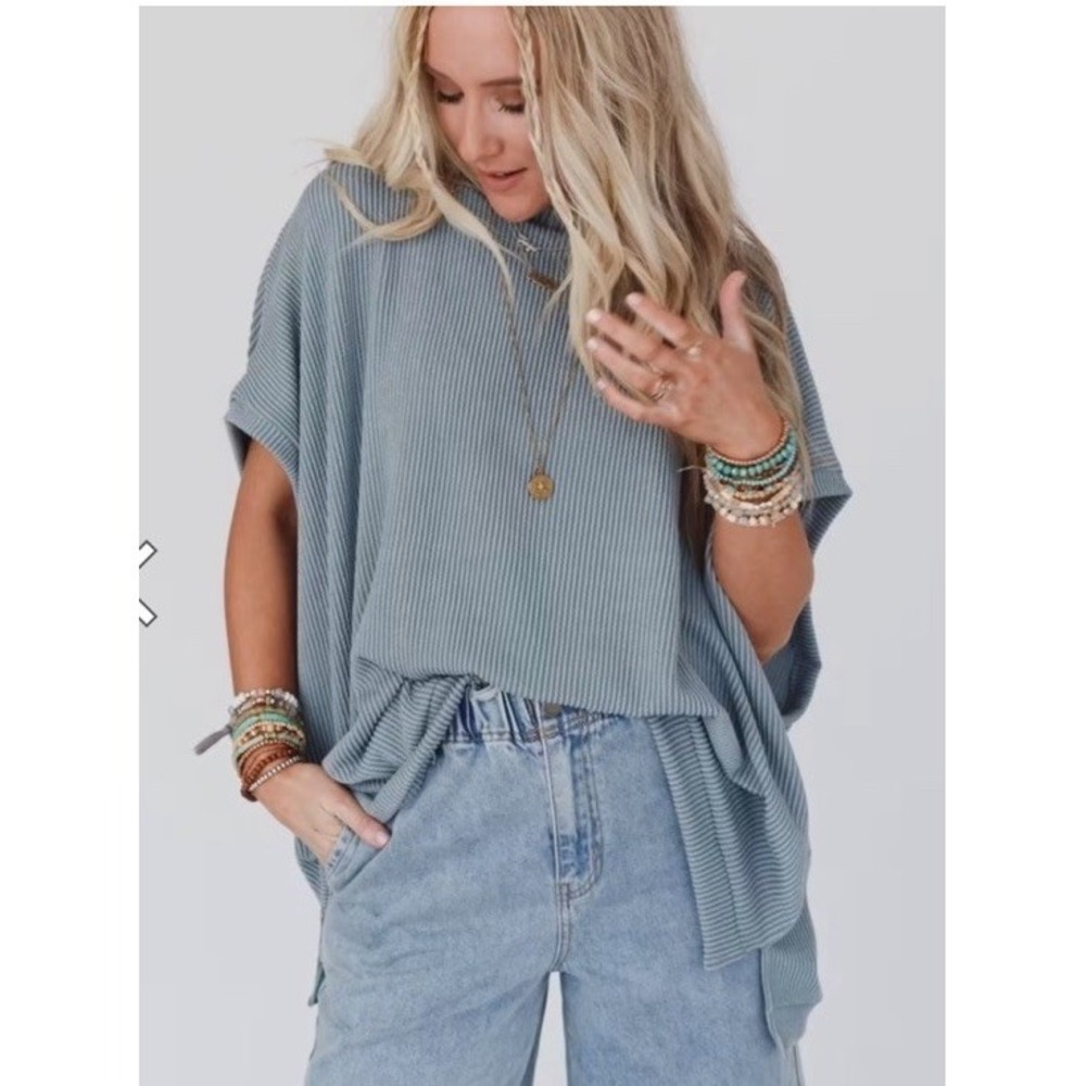 Three Bird Nest Moon Glow Ribbed Texture Knit Top Boho Size Medium Blue/green - Picture 2 of 7